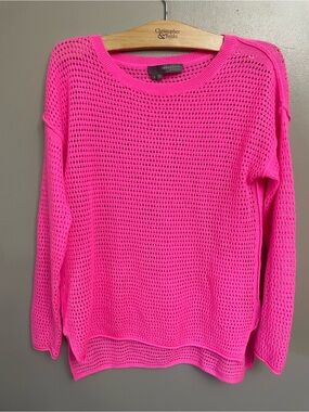 360 Sweater Women's hot pink Cashmere Open Knit Crochet Pullover Sweater Small